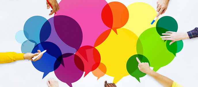 Hands reaching out over chat bubbles