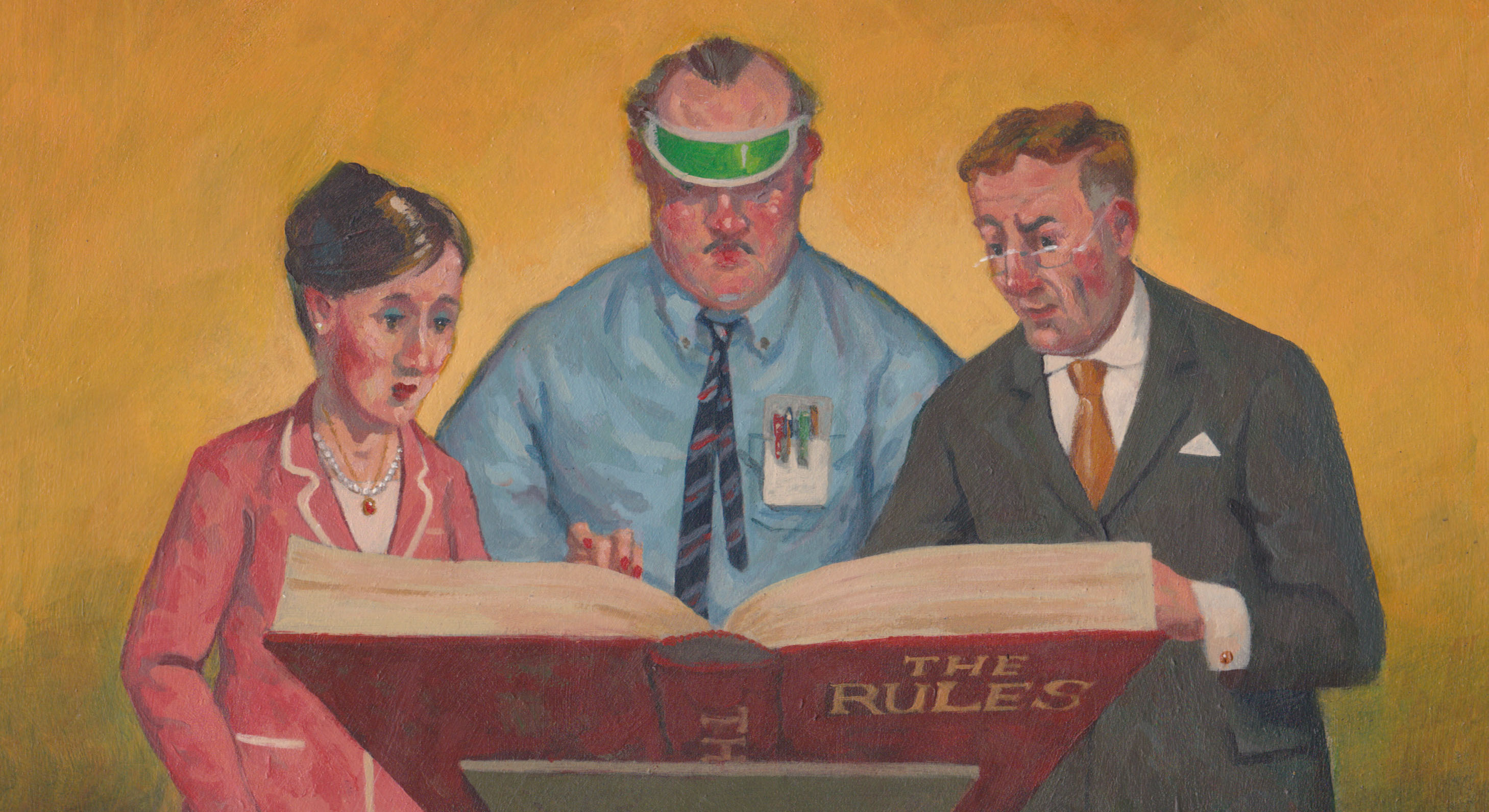 Illustration of 3 people reading from 'the rules' book