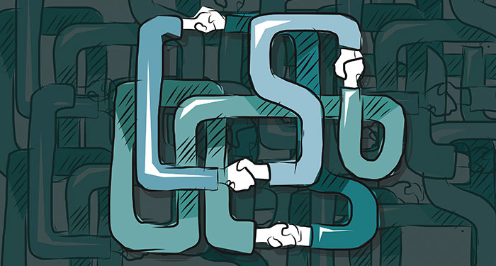 abstract illustration of arm with hands on both sides shaking hands with other arms.
