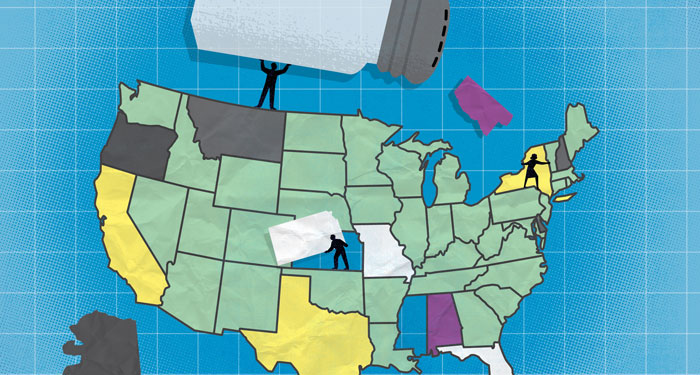 Map of the United States with stylized people.